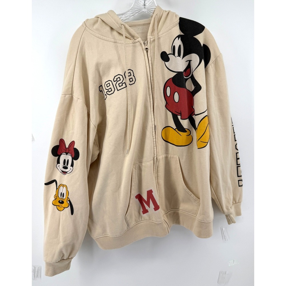 Disney Mickey Mouse Zip Up Hoodie Cream Beige 1928 Graphic Sweatshirt 2X